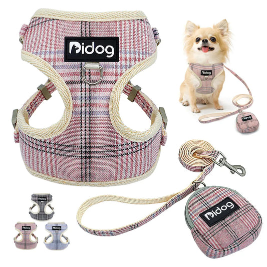 Mesh Nylon Dog Harness and Leash With Snack Bag Plaid Dogs Cat Vest