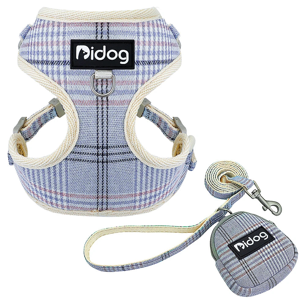 Mesh Nylon Dog Harness and Leash With Snack Bag Plaid Dogs Cat Vest